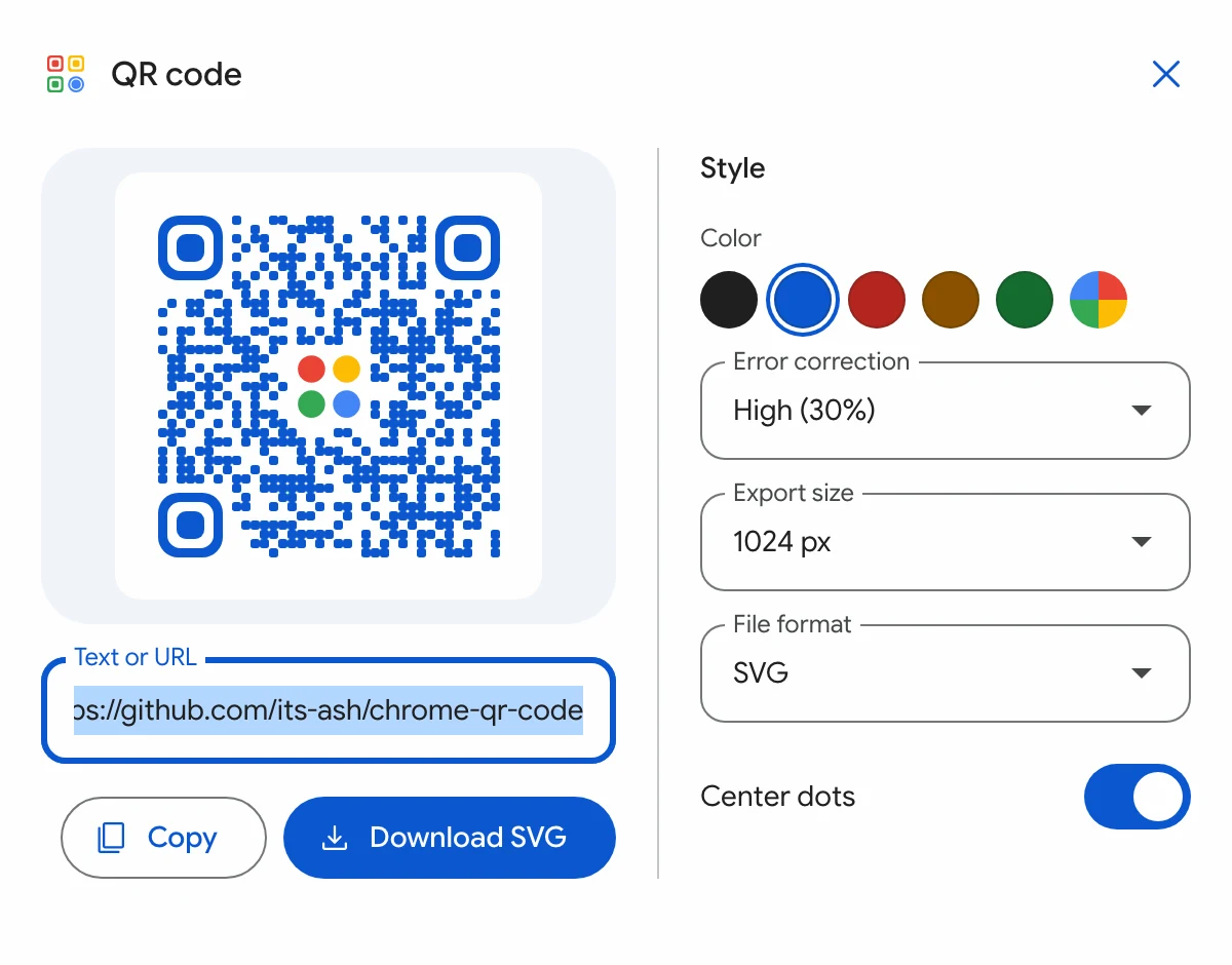 The style panel next to a blue QR code, with color swatches, error correction, export size, file format, and a center dots switch.